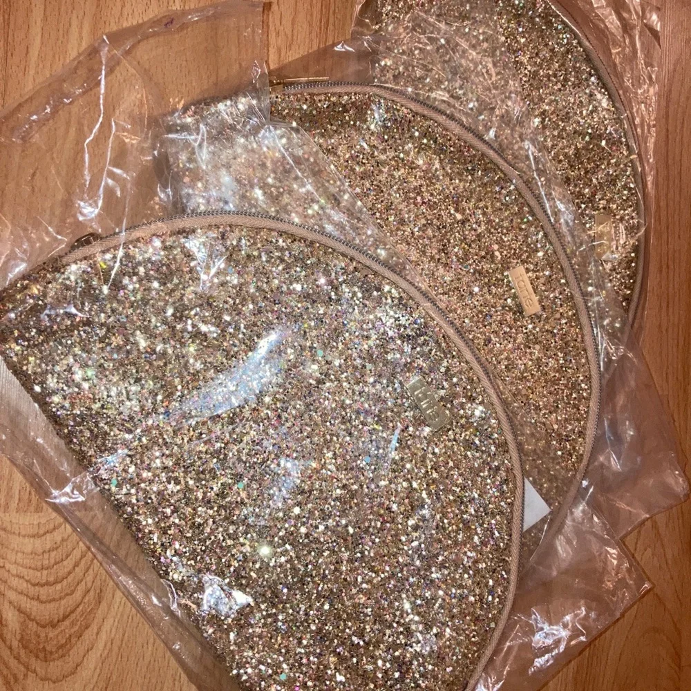 Lot 3 new Gold Glitter Fan TARTE large makeup bags. me